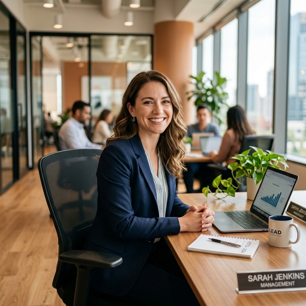 Profissional sorrindo no ambiente de trabalho, representando saúde mental e bem-estar corporativo